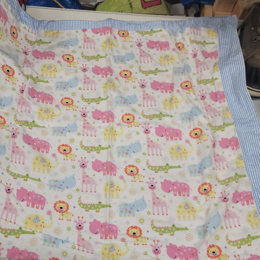 Y2K Baby Blanket Whimsical Animal Print Blue‎ Striped Border Nursery Bedding